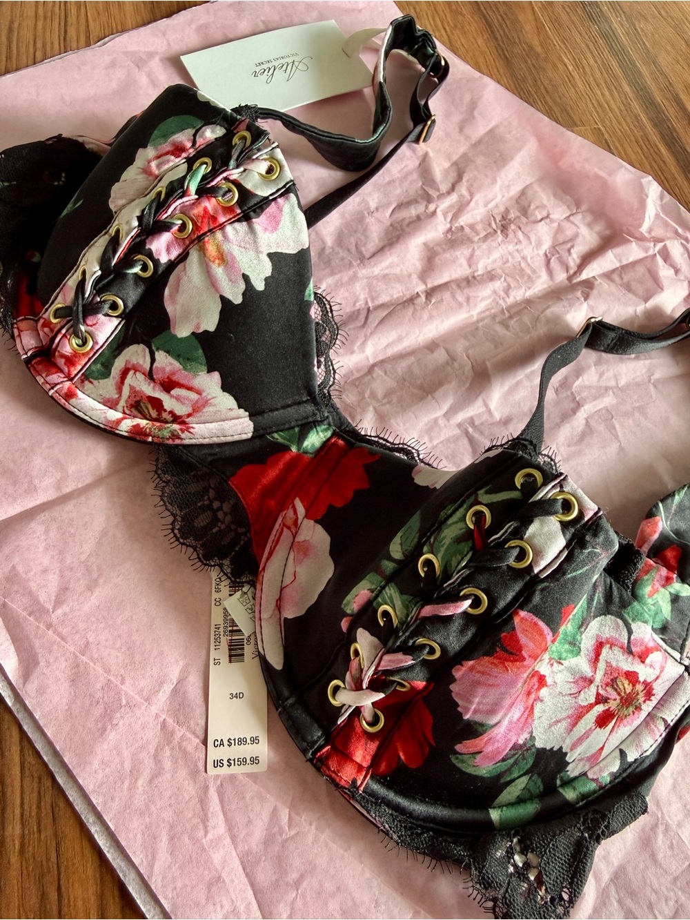 Victoria's Secret Black Floral Lace-Up Underwire Bra